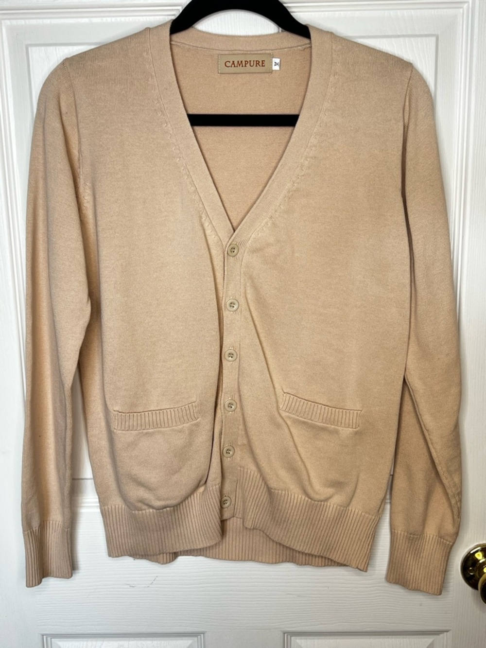 Neutral Beige V Neck Cardigan Sweater Classic Layering Medium
